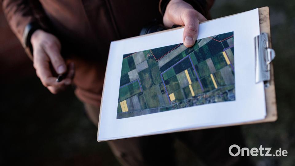 Auf einer Karte sind die Flächen zu sehen, an denen die Rebhuhnzählung sattfindet. Bild: David-Wolfgang Ebener/dpa