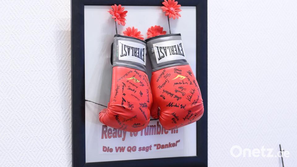 Die Boxhandschuhe in ihrem Büro erinnern an einen harten Arbeitskampf, bei dem sich Daniela Cavallo für die Übernahme von Beschäftigten einer VW-Tochtergesellschaft eingesetzt hat. Bild: Julian Stratenschulte/dpa