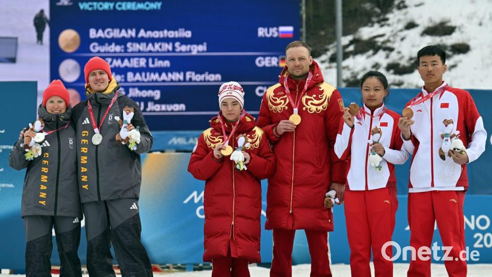 Die Siegerehrung mit Deutschland, Russland und China. Bild: Martin Schutt/dpa