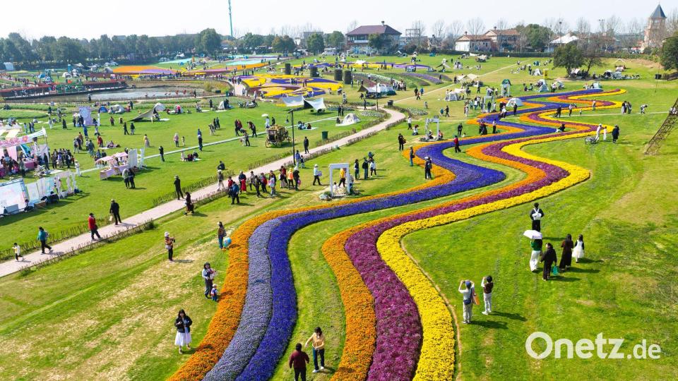 Die Drohnenaufnahme zeigt ein buntes Blumenmeer in einem Park in Wuhan in der zentralchinesischen Provinz Hubei. Bild: Xiao Yijiu/XinHua/dpa