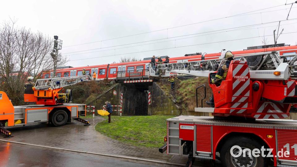Passagiere müssen aus dem Regionalzug via Drehleitern aussteigen. Bild: Justin Brosch/dpa