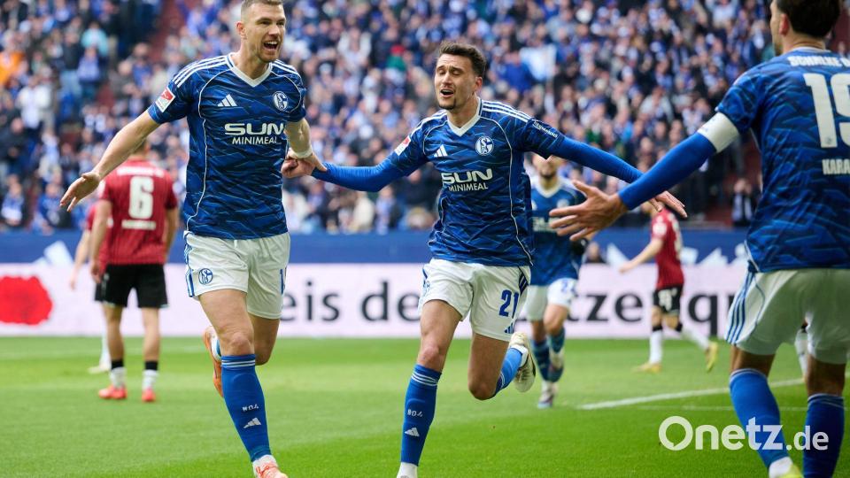 29. Minute: Edin Dzeko (links) erzielt das 1:0 für Schalke. Dejan Ljubicic und Vorbereiter Kenan Karaman (rechts) jubeln mit. Bild: Bernd Thissen/dpa