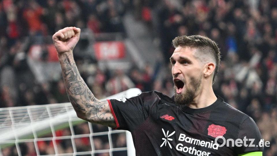 Robert Andrich traf im Hinspiel zum zwischenzeitlichen 1:0 für Bayer. (Archivbild) Bild: Anke Waelischmiller/dpa