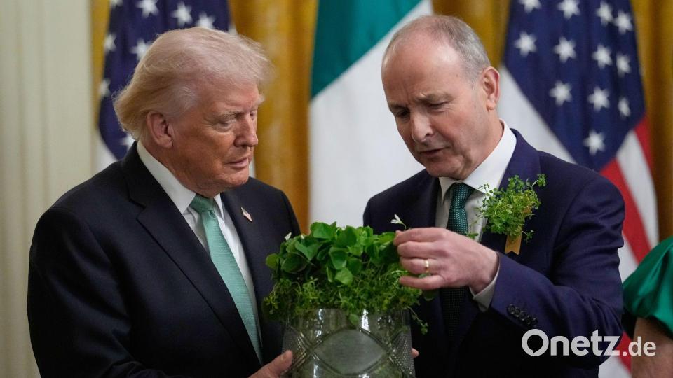 Irlands Premierminister Micheál Martin (r) überreicht US-Präsident Donald Trump eine Schale mit Kleeblättern . Bild: Julia Demaree Nikhinson/AP/dpa