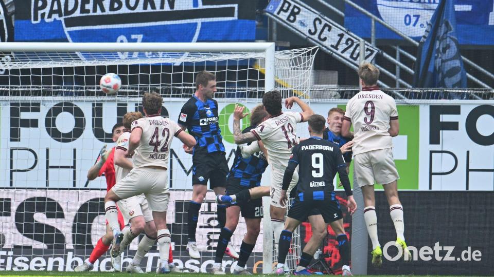 Vincent Vermeij (ganz rechts) köpft das 1:0 für Dynamo Dresden. Bild: Swen Pförtner/dpa