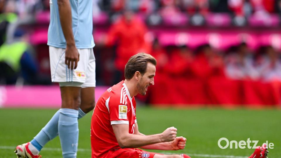 Harry Kane ballt nach seinem 31. Saisontor im Sitzen die Fäuste. Bild: Sven Hoppe/dpa