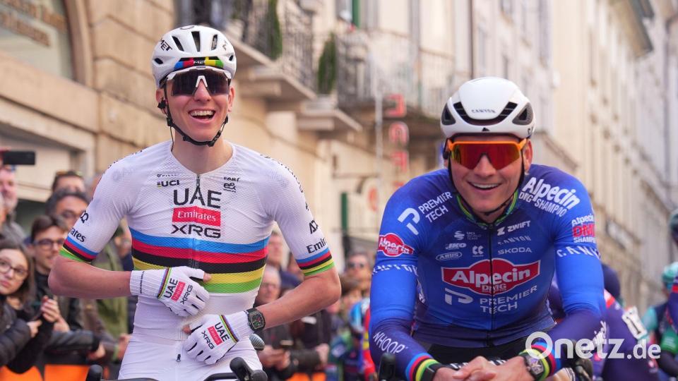 Die beiden Topstars Tadej Pogacar (l) und Mathieu van der Poel. Bild: Spada/LaPresse via ZUMA Press/dpa