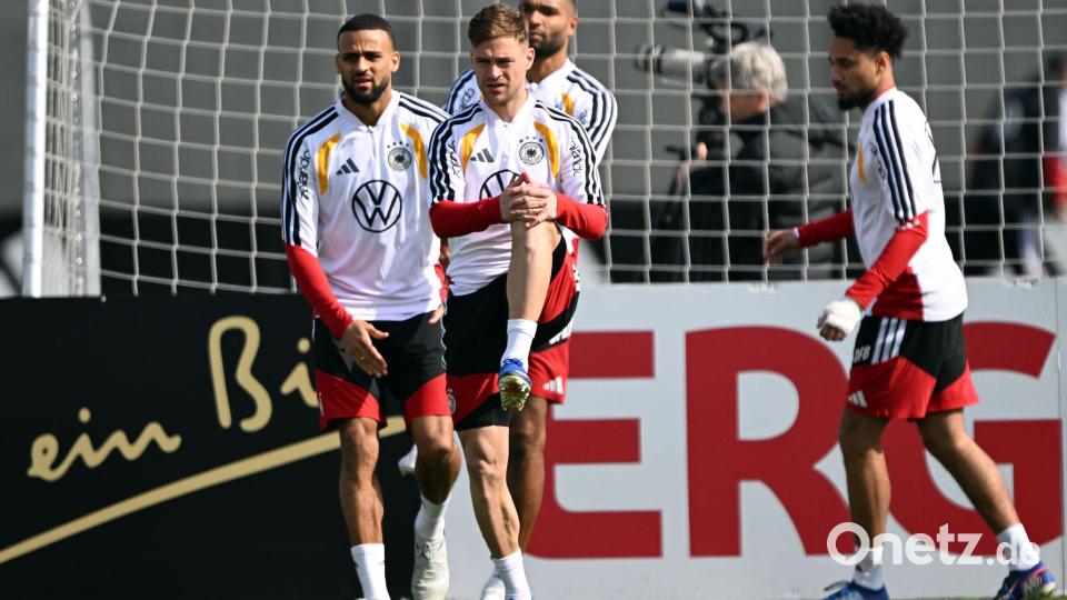 Der Kapitän geht voran, auch auf dem Trainingsplatz: Joshua Kimmich (M). Bild: Federico Gambarini/dpa