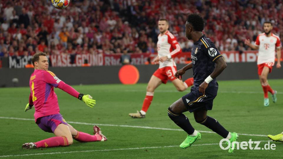 Anfang April kommt es in der Champions League zum nächsten Duell von Manuel Neuer (l) mit Real Madrids Stürmerstar Vinícius Júnior. (Archivbild) Bild: Matthias Balk/dpa