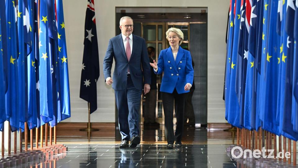 „Die EU und Australien mögen geografisch weit voneinander entfernt sein, aber wir könnten in Bezug auf die Art und Weise, wie wir die Welt sehen, nicht näher sein“, sagt Ursula von der Leyen mit Blick auf die Beziehungen zu Australien. Bild: Lukas Coch/AAP/dpa