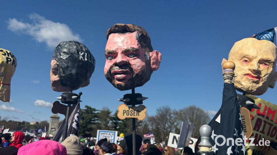 In Washington tragen Demonstrierende Pappköpfe, die unter anderem den US-Vizepräsidenten J.D. Vance (M) darstellen sollen. Bild: Anna Ringle/dpa