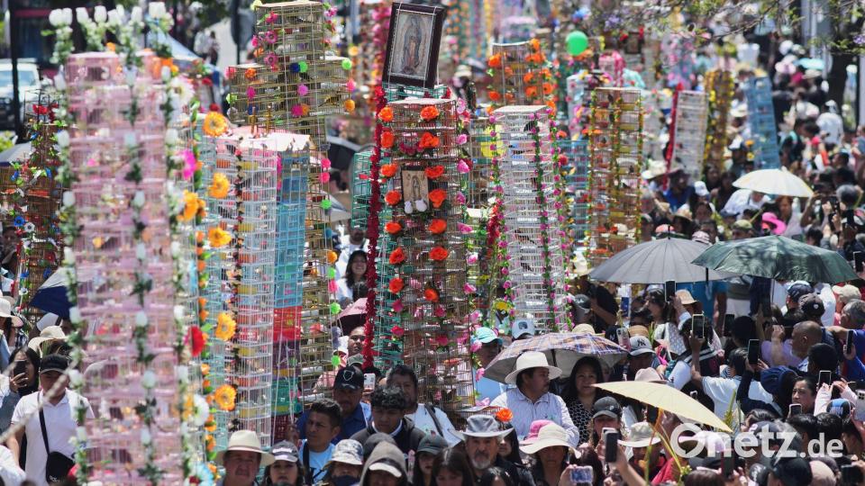 Vogelverkäufer gehen mit geschmückten Vogelkäfigen während einer jährlichen Wallfahrt zur Basilika Unserer Lieben Frau von Guadalupe in Mexiko-Stadt. Bild: Eduardo Verdugo/AP/dpa