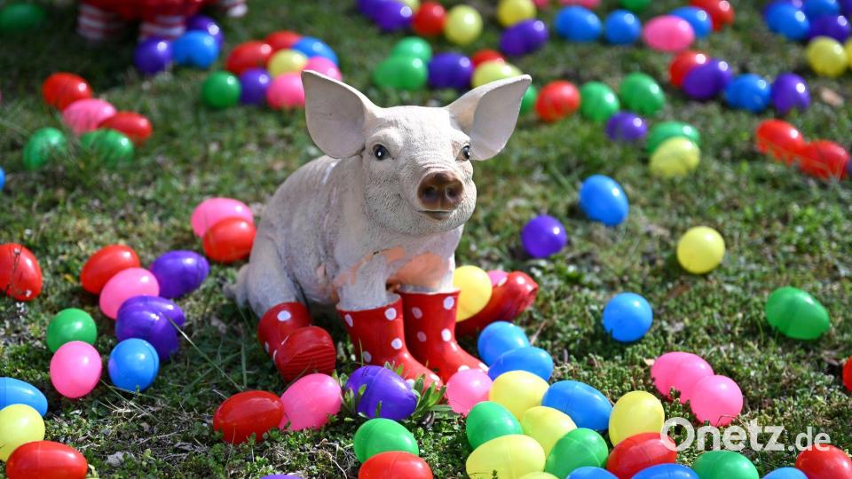 Auch zahlreiche Tiere wie etwa dieses Schwein oder auch eine Giraffe und zahlreiche Affen stehen zwischen den bunten Eiern. Bild: Elisa Schu/dpa