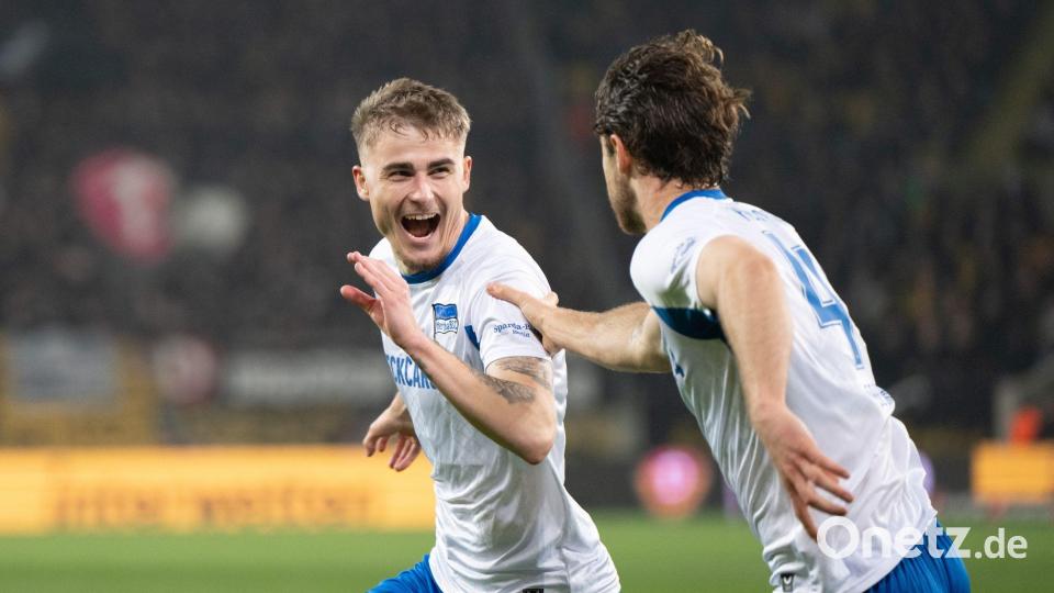 Herthas Marten Winkler erzielte den Siegtreffer gegen Dynamo. Bild: Sebastian Kahnert/dpa