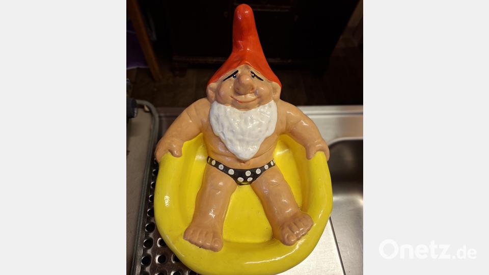 Ein in einem Pool sitzender Gartenzwerg wartete auf einen neuen Besitzer. Bild: prh