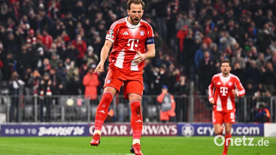 So wollen die Bayern-Fans Torjäger Harry Kane gegen Real sehen: Jubelnd. (Archivbild) Bild: Tom Weller/dpa