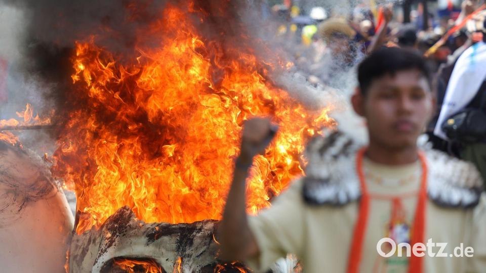 Indigene nehmen in Brasília während des jährlichen „Acampamento Terra Livre“ (Camp freie Erde) an einer Kundgebung teil. Bild: Fabio Rodrigues-Pozzebom/Agencia Brazil/dpa