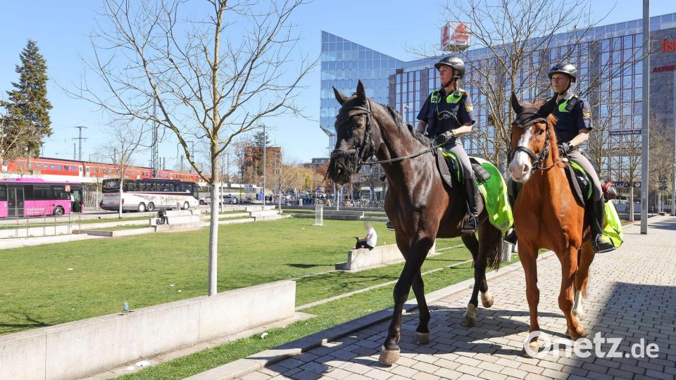 Der Großstadttrubel bringt Remus und Quickly nicht aus der Ruhe. Die beiden Polizeipferde haben dafür eine mehrjährige Ausbildung durchlaufen. Bild: Daniel Löb/dpa