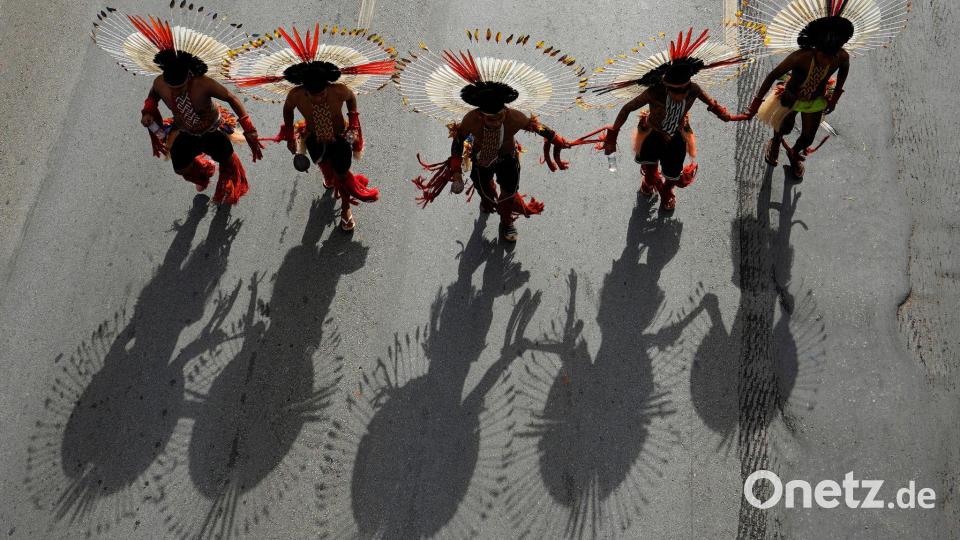 Angehörige des indigenen Volks der Karaja nehmen in Brasilia an einem Marsch im Rahmen des Acampamento Terra Livre 2026 teil, einer indigenen Mobilisierung, die sich auf Landrechte und Umweltschutz konzentriert. Bild: Eraldo Peres/AP/dpa
