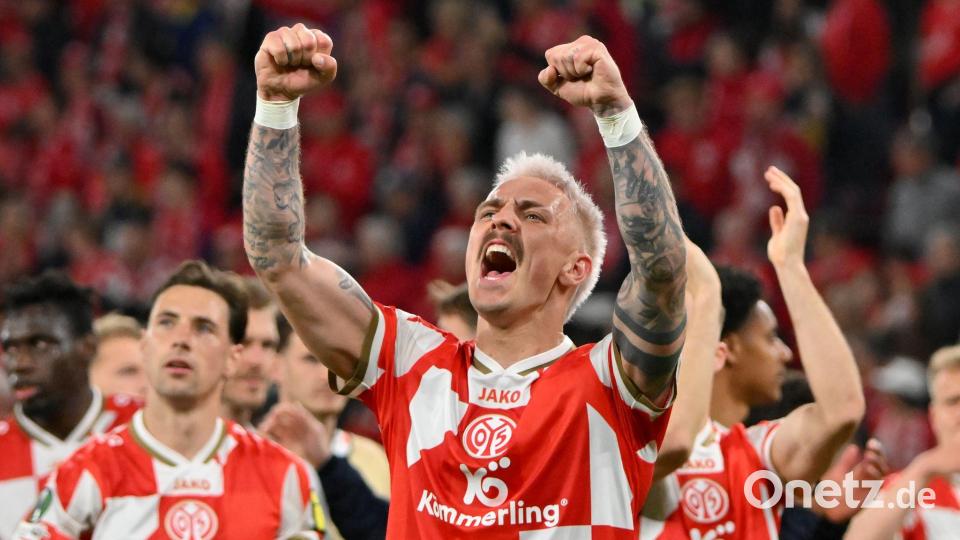Auf Halbfinal-Kurs in der Conference League: Phillip Tietz und Mainz 05. Bild: Torsten Silz/dpa