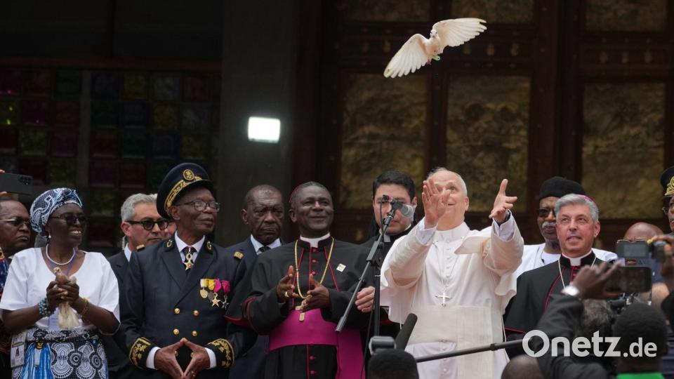 Papst Leo XIV. lässt eine weiße Taube fliegen nach einem Friedenstreffen in Bamenda, Kamerun. Bild: Andrew Medichini/AP/dpa