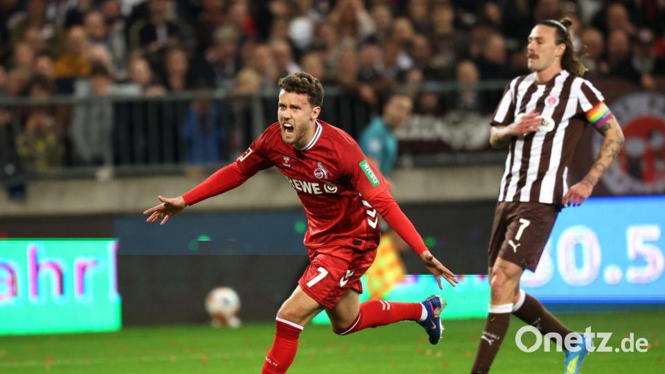 Luca Waldschmid (l, 1. FC Köln) jubelt nach dem Ausgleichstreffer. Bild: Christian Charisius/dpa