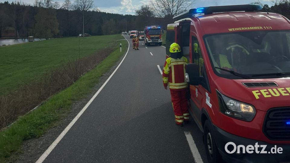 Am Freitagnachmittag landete eine Fahranfängerin mit ihrem Auto bei Trippach in einem Weiher. Im Einsatz waren die Feuerwehr Weiherhammer, die Löschgruppe Trippach und die Wasserwacht Weiherhammer. Bild: Christian Hierold