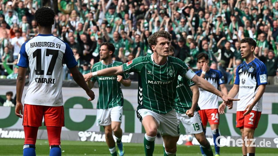 Bremens neuer Derby-Held: Jens Stage nach dem ersten seiner beiden Tore. Bild: Carmen Jaspersen/dpa