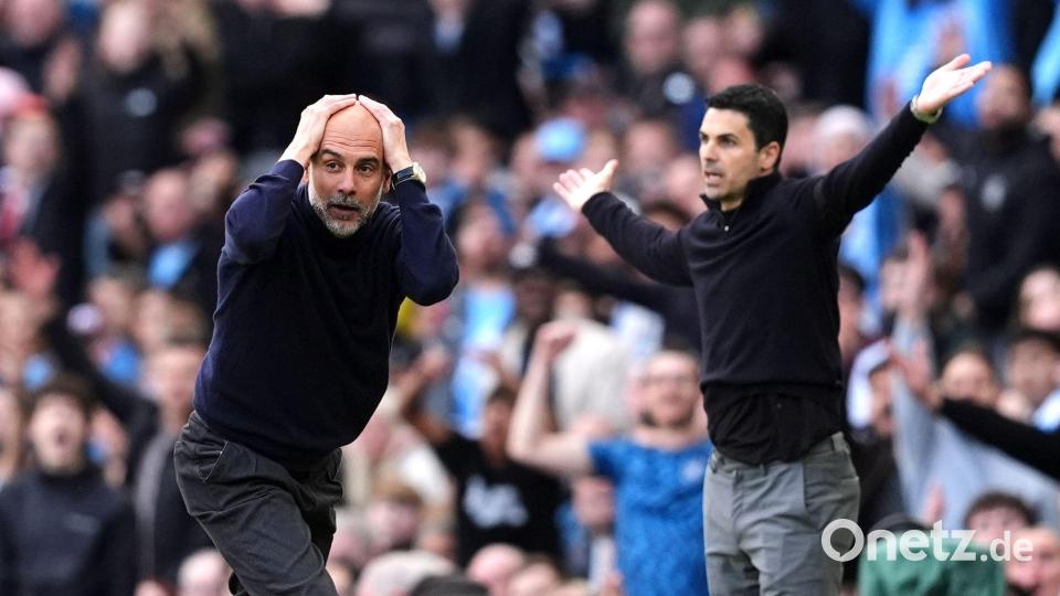 Einst Kollegen, jetzt Rivalen: Man-City-Trainer Pep Guardiola und sein einstiger Assistent, Arsenal-Coach Mikel Arteta. Bild: Martin Rickett/PA/AP/dpa