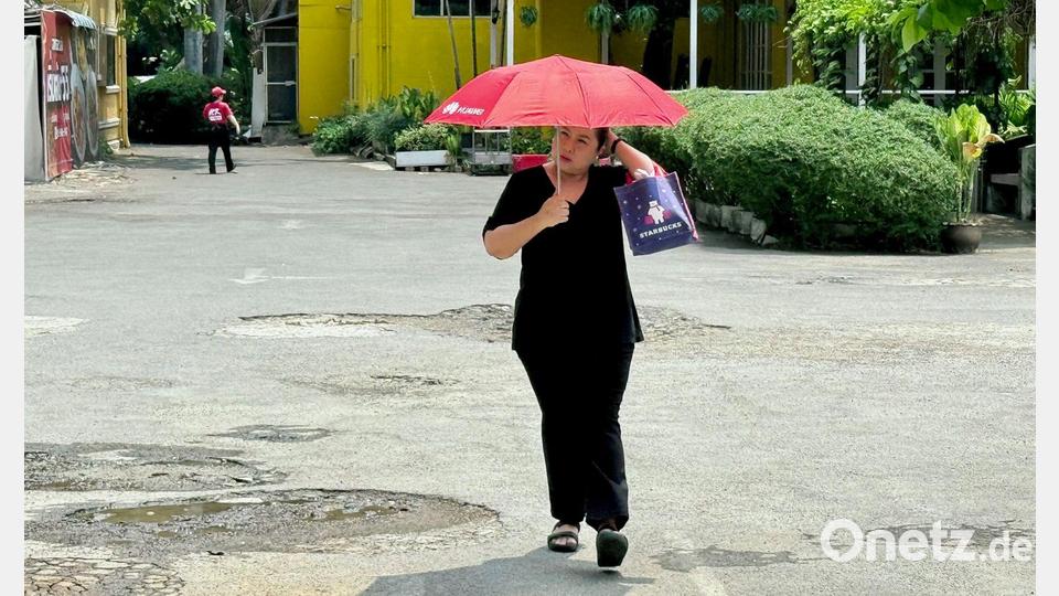 Viele schützen sich mit Schirmen vor der Sonne. Bild: Carola Frentzen/dpa