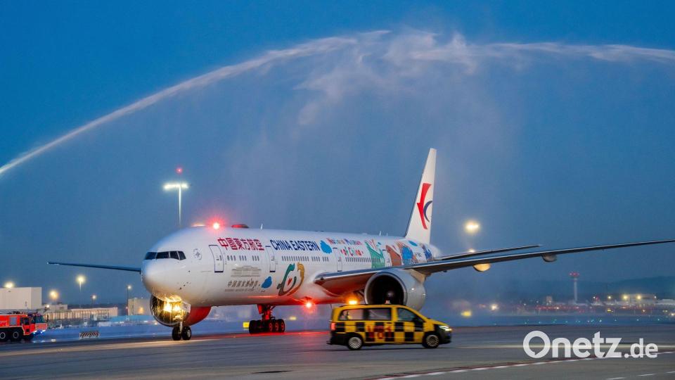 Auch die zweite Maschine bekam zur Begrüßung Wasserfontänen. Bild: Andreas Arnold/dpa
