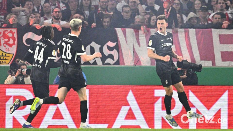 Nach einer Ecke fiel das 1:0 der Freiburger - von Maximilian Eggestein (r). Bild: Tom Weller/dpa