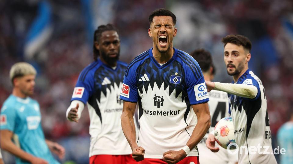 Durfte nur kurz über den Ausgleich jubeln: HSV-Torschütze Robert Glatzel (M.). Bild: Christian Charisius/dpa