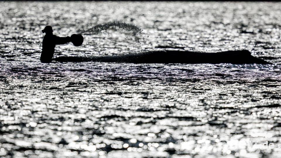 Selbst in der Dämmerung sind mitunter noch Menschen am Wal. Bild: Jens Büttner/dpa