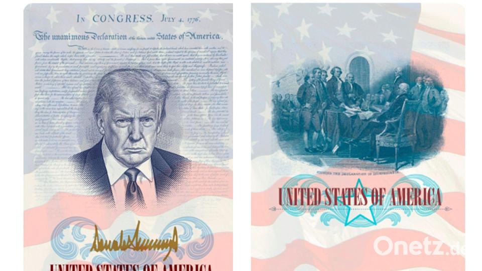 Ein limitierter US-Gedenkpass mit einem Bild von US-Präsident Trump wird vom Außenministerium präsentiert. Bild: Uncredited/State Department/AP/dpa