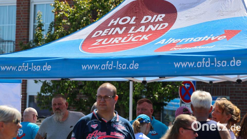 „Hol dir dein Land zurück“, steht auf dem Schirm am Stand. Auf den Straßen in Sachsen-Anhalt hat die AfD inzwischen eine Menge Land erobert. Bild: Peter Gercke/dpa
