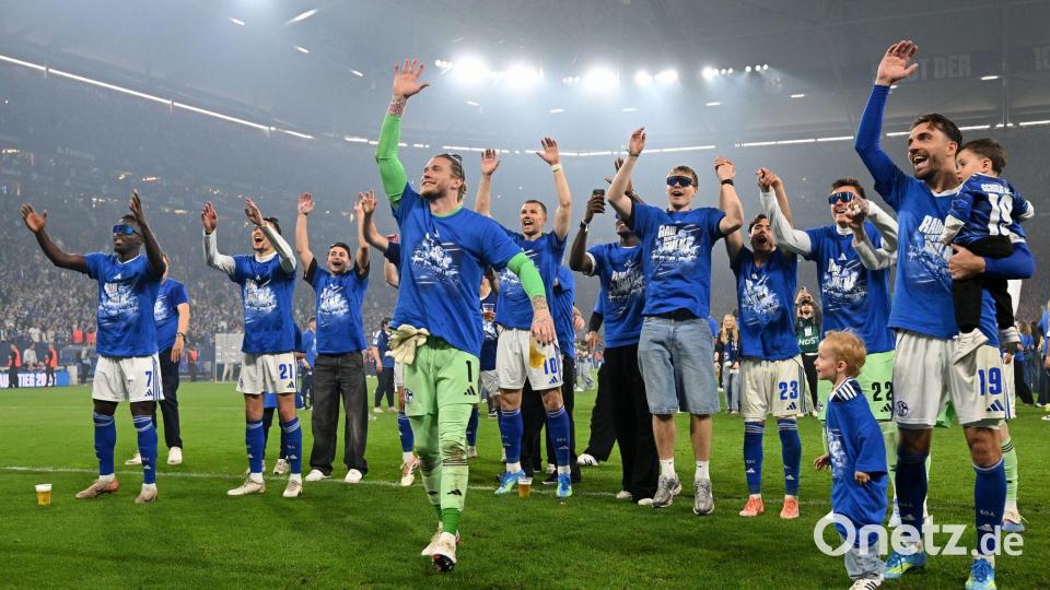 Die Mannschaft von Schalke 04 feierte den Aufstieg auf dem Platz. Bild: Bernd Thissen/dpa