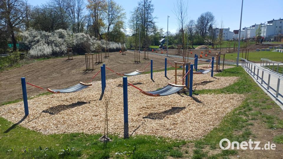 Hängematten am Flötzbach und dahinter Obstbaum- und Liegewiese. Bild: Realschule Kemnath