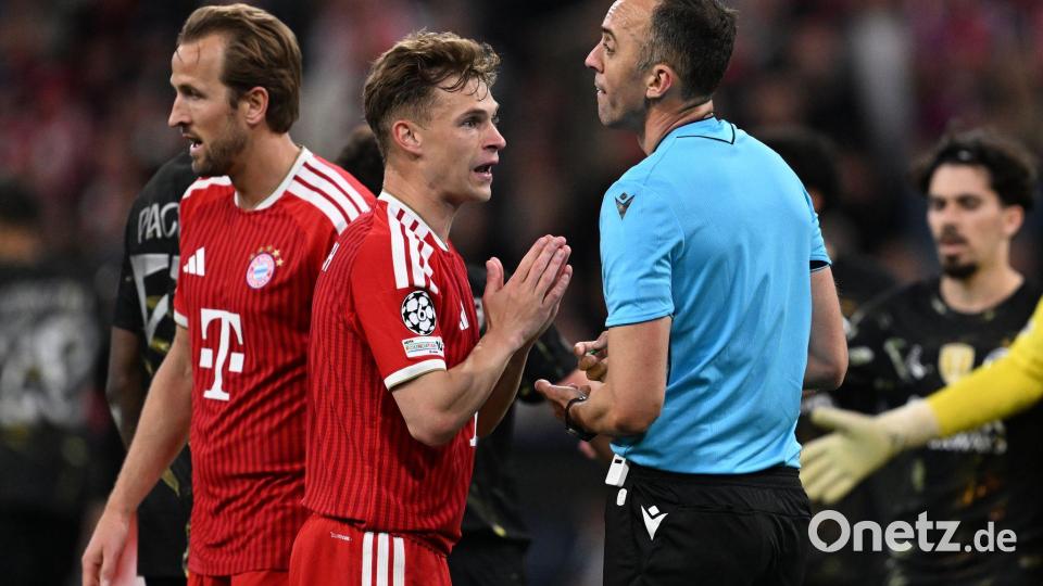 Kimmich reklamiert bei Schiedsrichter Pinheiro. Bild: Sven Hoppe/dpa