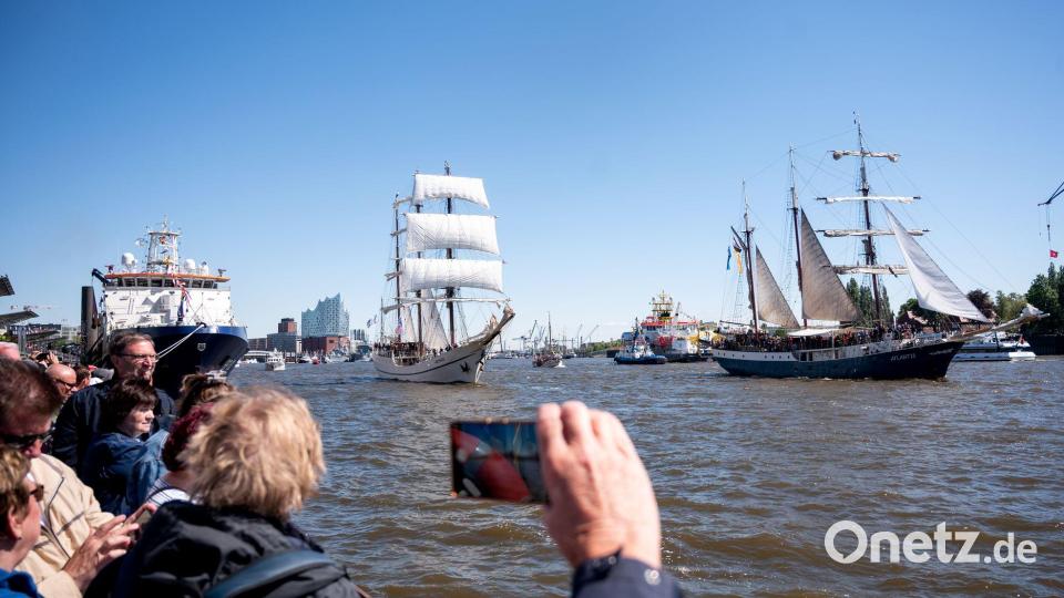 Schiffe fahren während der Einlaufparade zum Hamburger Hafengeburtstag auf der Elbe Bild: Daniel Bockwoldt/dpa