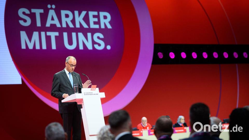 Berlin: Bundeskanzler Merz spricht beim 23. Ordentlichen DGB-Bundeskongress im Estrel Congress Center Bild: Bernd von Jutrczenka/dpa