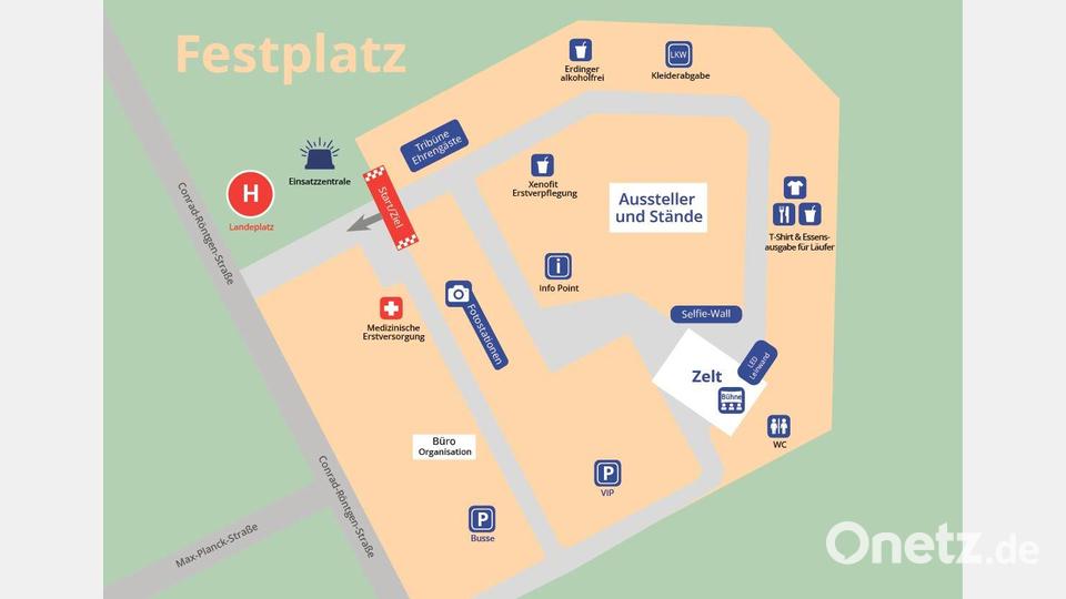 Auf dem Volksfestplatz finden sich neben dem Start und dem Zieleinlauf jede Menge Aussteller, ein Info-Point und medizinische Versorgung. Grafik: Oberpfalz-Medien