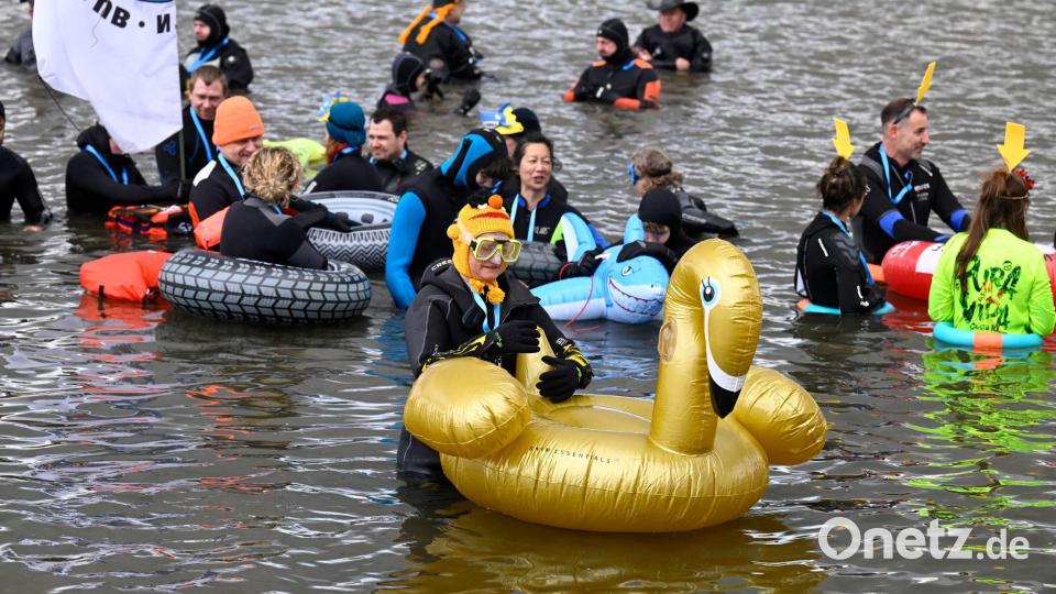 Rheinschwimmen in Köln: Kostümierte Schwimmer unterqueren fünf Rheinbrücken Bild: Roberto Pfeil/dpa