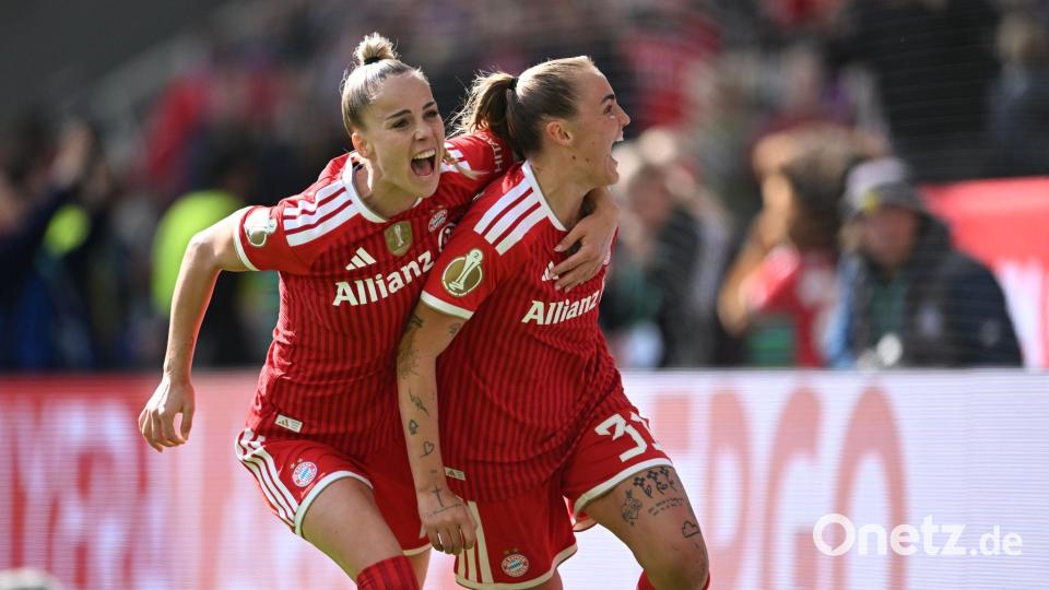 Kapitänin Giulia Gwinn (l) und Elfer-Torschützin Georgia Stanway sind nur zwei von etlichen Bayern-Stars. Bild: Fabian Strauch/dpa