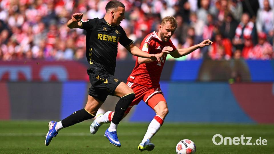 Said El Mala entkommt auf dem Weg zum Kölner 1:2 Bayern-Verteidiger Konrad Laimer (r). Bild: Tom Weller/dpa