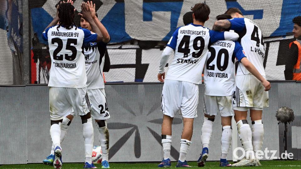 Der HSV jubelt nach Vieiras Tor. Bild: Federico Gambarini/dpa