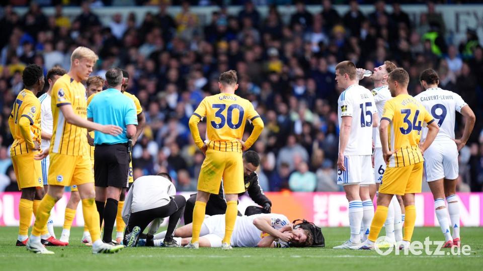 Schmerzhaftes Ende eines Premier-League-Spiels: Anton Stach verletzte sich beim Auftritt für Leeds United. Bild: Mike Egerton/PA Wire/dpa