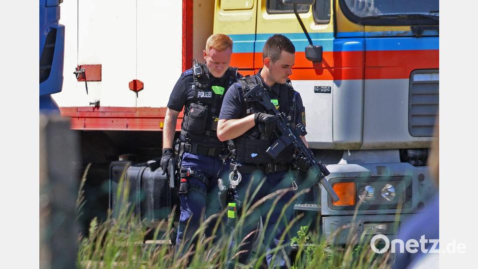 Polizisten sind in Schkeuditz bei Leipzig im Einsatz. Die Polizei hat dort einen entlaufenen Tiger erschossen. Bild: -/EHL Media/dpa