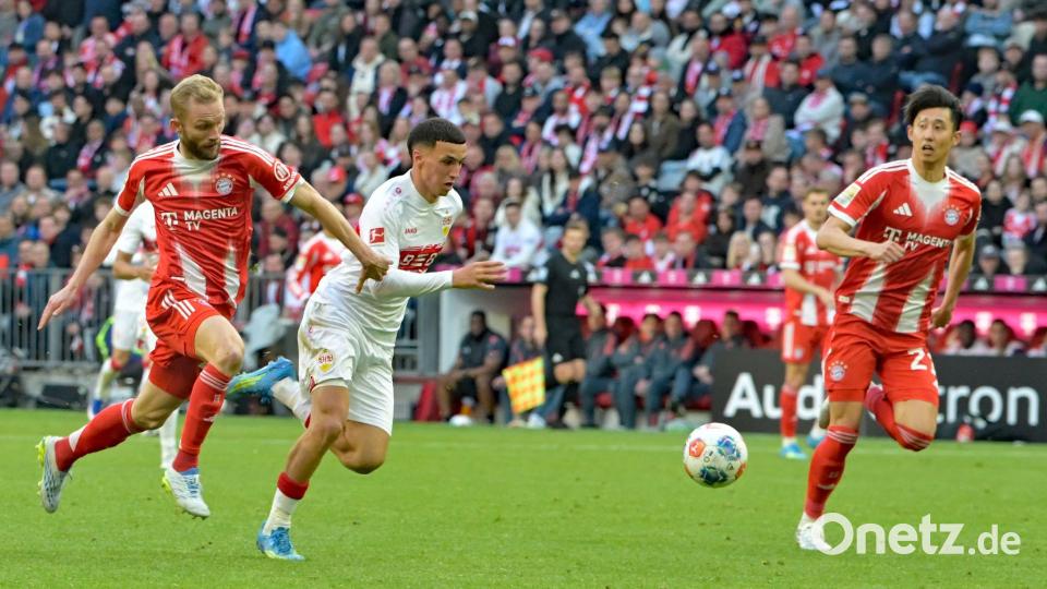Stehen sich im Pokalfinale gegenüber: Stuttgarts  Bilal El Khannouss und die Bayern-Profis Hiroki Ito und Konrad Laimer. (Archivbild) Bild: Malin Wunderlich/dpa