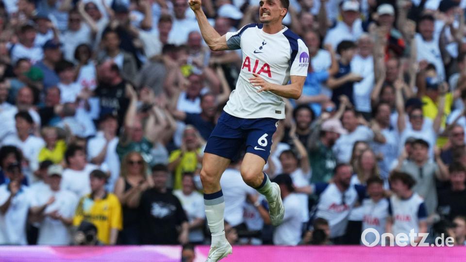 Joao Palhinha sicherte Tottenham mit seinem Tor zum 1:0-Sieg den Klassenerhalt. Bild: Frank Augstein/AP/dpa